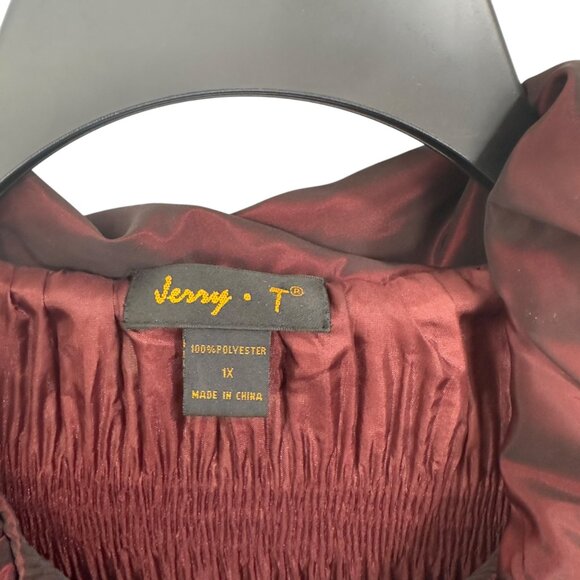 Jerry T Womens Pleated Burgundy Jacket With Unique Collar & Flared Sleeves Size - Picture 2 of 12